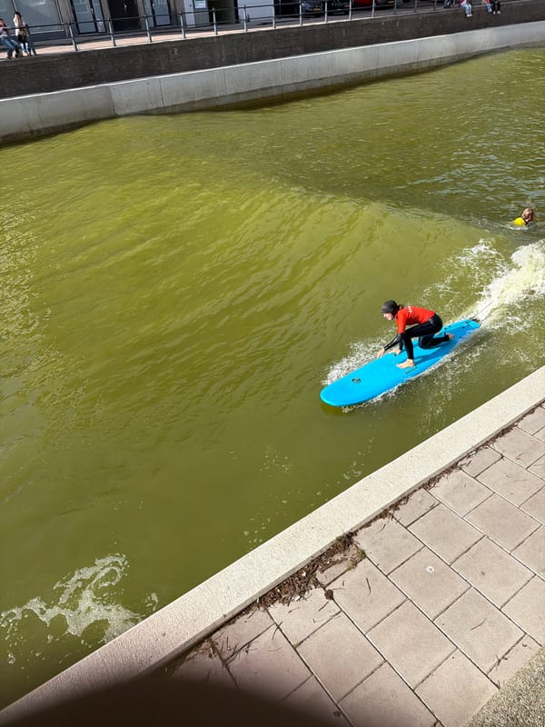 Urban canal surfing in Rotterdam on a weekday afternoon