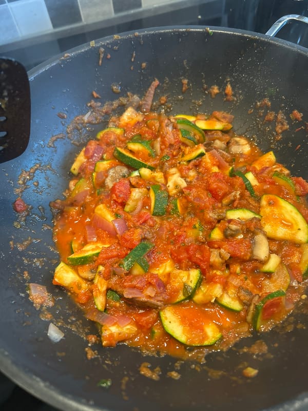 Ravioli and stir-fry prep, with garden snapshots on the side