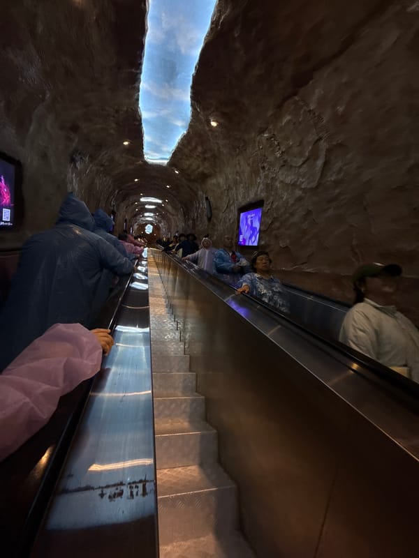 Escalator operates in tunnel structure with sky visible