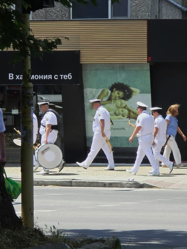 Naval brass band parades through central Varna, Bulgaria