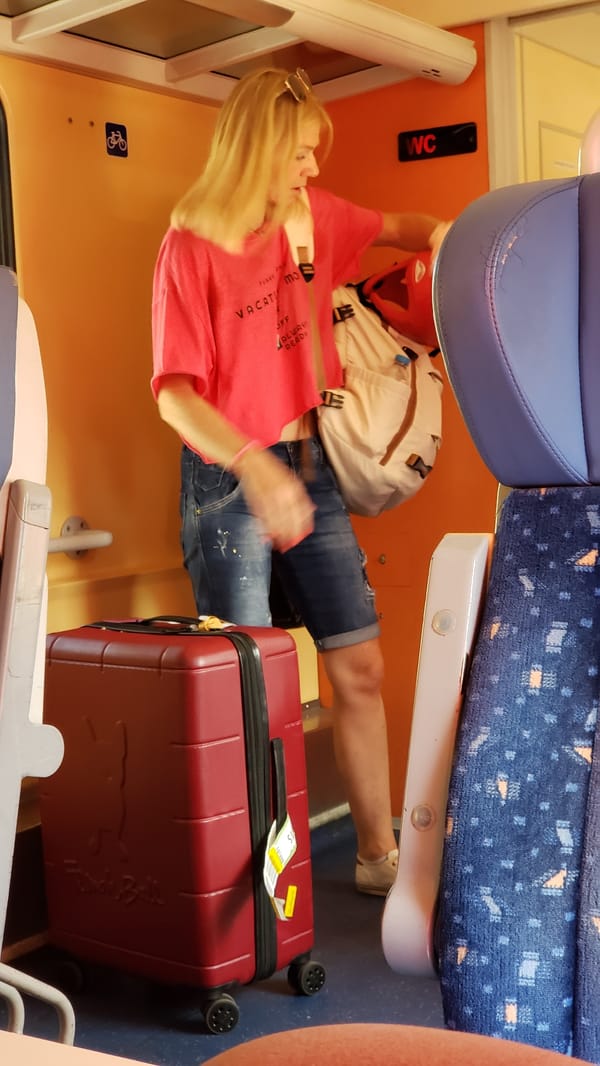 Train travel through Bratislava on a summer afternoon