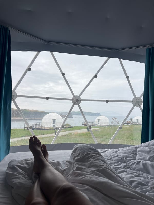 Morning rest captured in geodesic dome accommodation Zarubino Russia