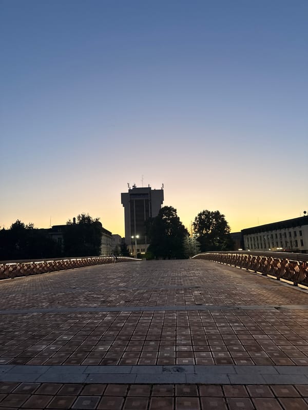 Lovech's historic pedestrian bridge at dusk