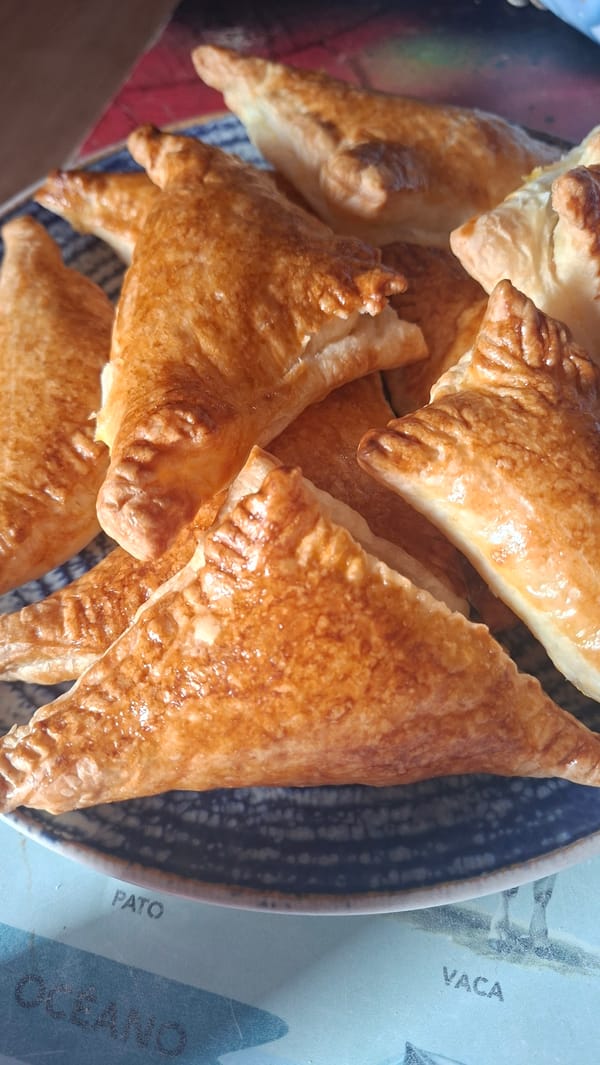 Golden triangular pastries served on patterned plate in Castro