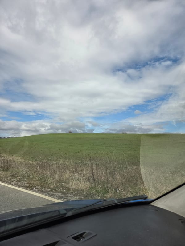 Vehicle passenger captures countryside view near Panicharevo, Bulgaria