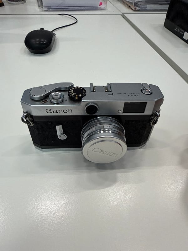 Vintage Canon camera photographed on desk in Milan
