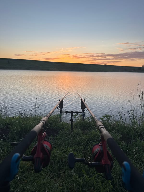 Fishing rods and a warm drink at a peaceful lakeside dusk