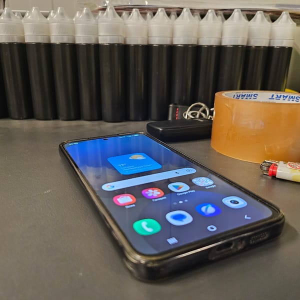 Ray-Ban glasses and e-liquid bottles on a table in Poland