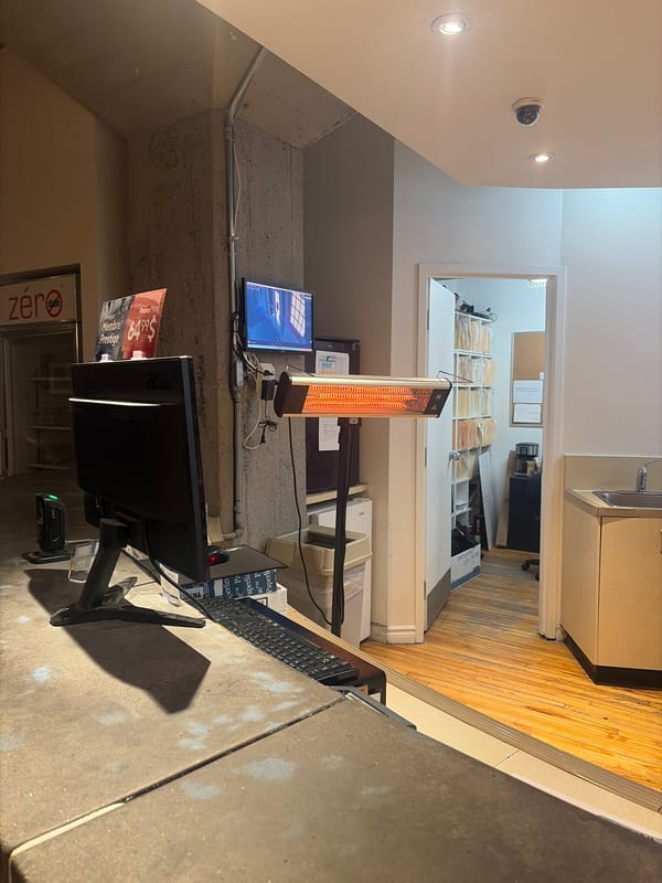 Montreal office reception area documented early morning hours