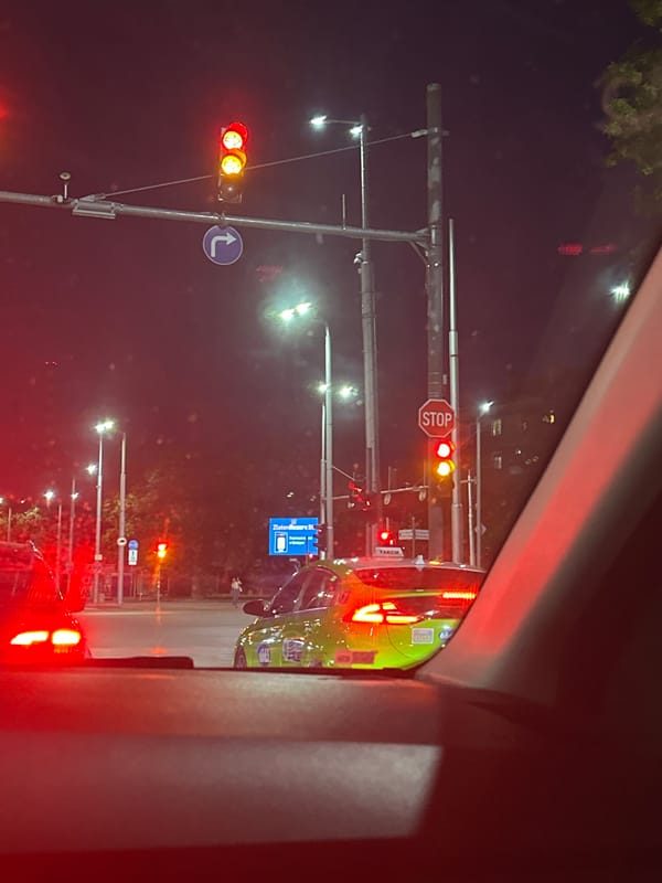 Driving through Plovdiv at night, caught at the lights