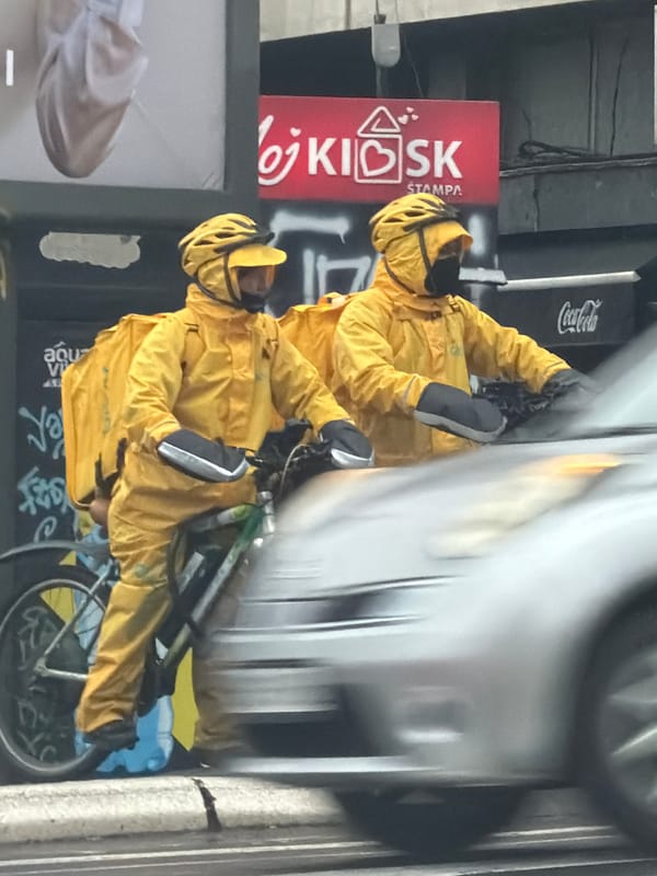 Two people spotted in matching yellow rain suits in Belgrade