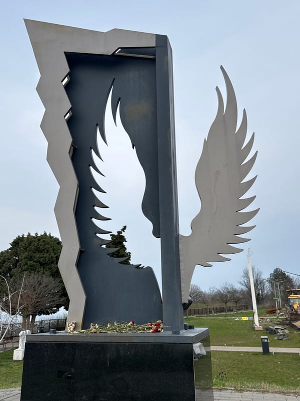 Memorial with metal wings photographed in Varna