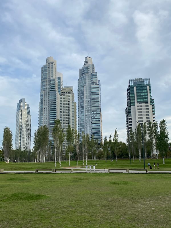 Person sits on grass in Buenos Aires Puerto Madero district