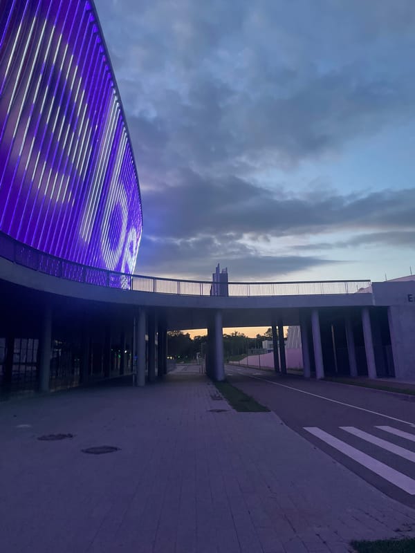 Curved stadium glowing at dusk, multiple angles outside