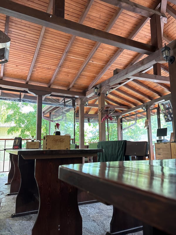 Rustic wooden restaurant interior documented in Smolyan, Bulgaria