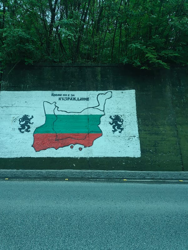 Bulgarian mural, fresh roses, hillside city documented by witness