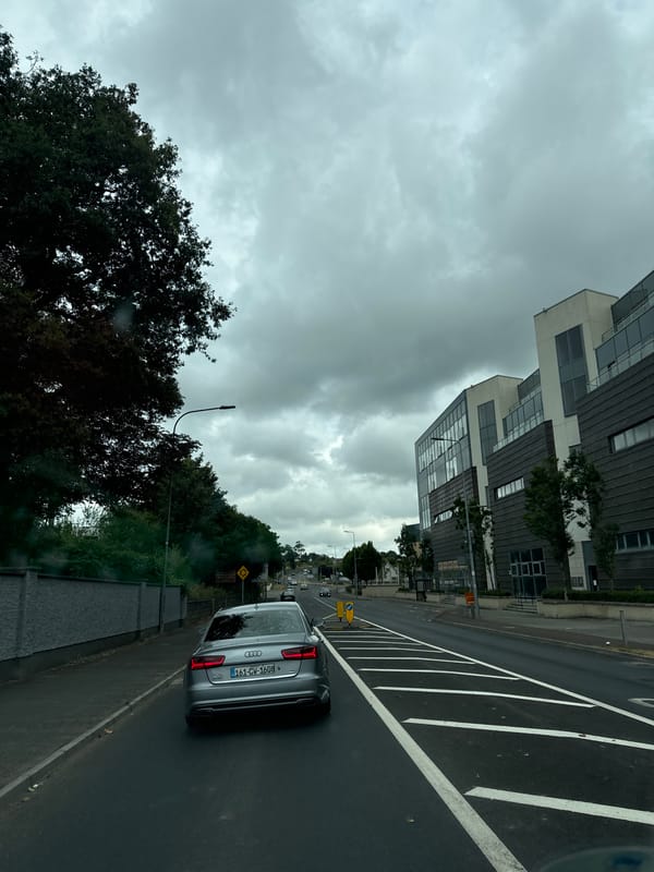 Grey Audi A6 on a wet Waterford road, cloudy afternoon