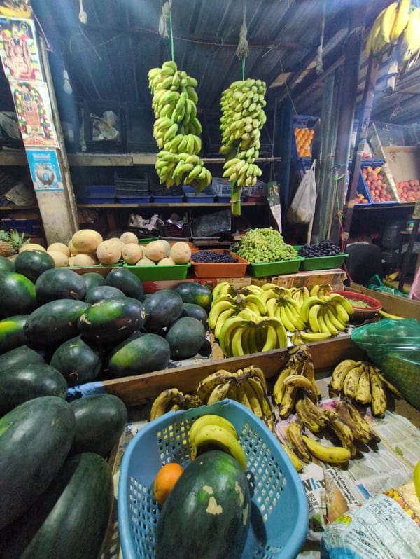 Street scenes captured in Bengaluru show fruit markets, vehicles