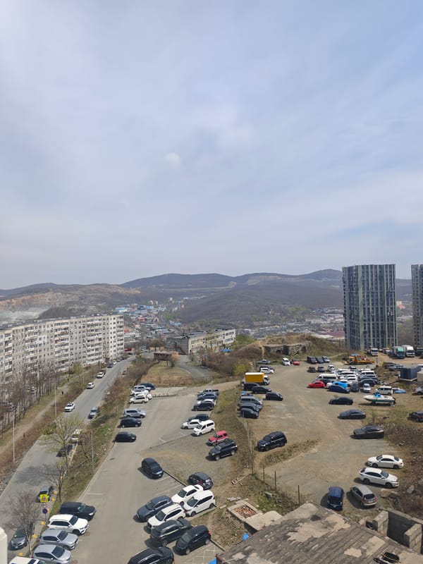 Elevated cityscape view documented in Vladivostok under overcast conditions