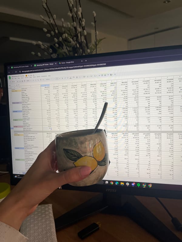 Office worker reviews marketing data with lemon mug