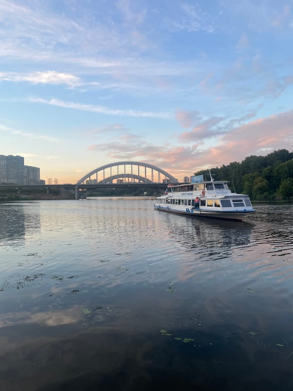 Passenger boat cruises the Khimki Reservoir near Moscow Canal
