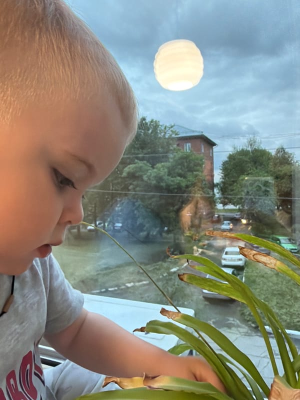 Baby watches world through rainy window in Votkinsk
