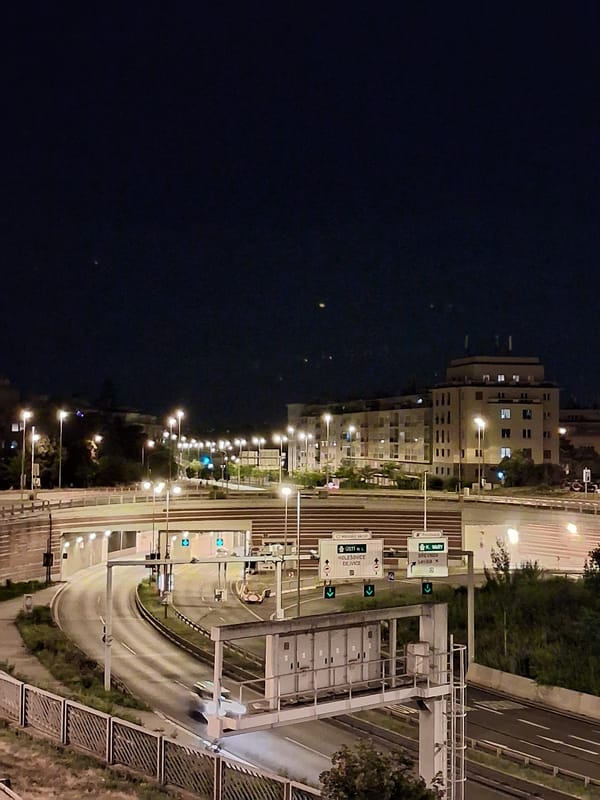 Night stop at a Prague highway interchange, July 2026