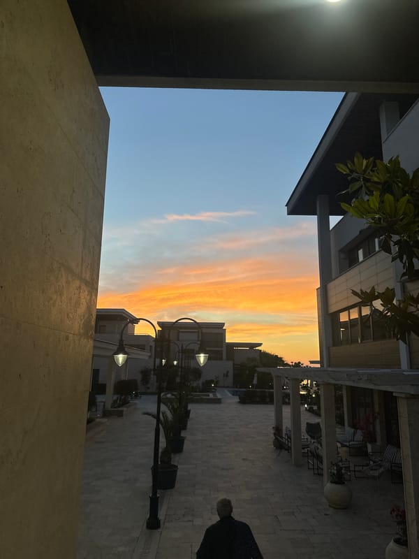 Sunset over resort courtyard in Sozopol, Bulgaria