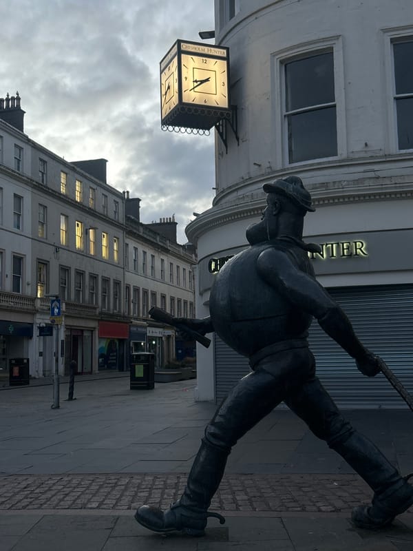 Birds fill overcast skies above Dundee city center
