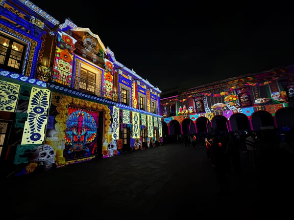 Day of the Dead light projections illuminate Puebla buildings