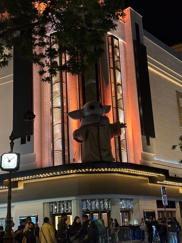 Baby Yoda figure displayed at Paris Grand Rex cinema