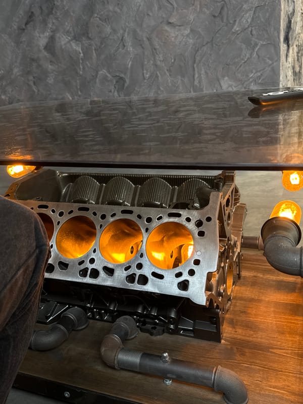 Engine block repurposed as illuminated decorative table in Russia
