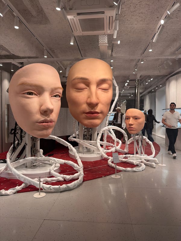 Hyperrealistic head sculptures displayed at Paris art installation