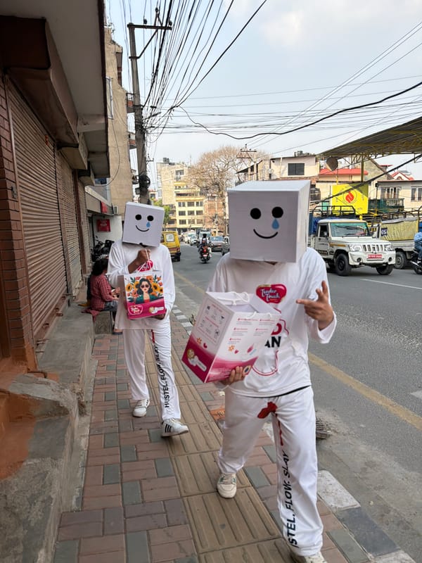 Brand promoters spotted on Kathmandu sidewalk