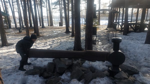 Visitors explore sculptural park displays in snowy Novosibirsk