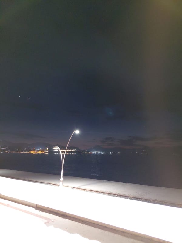 Sunset to nightfall documented along Aegio waterfront promenade