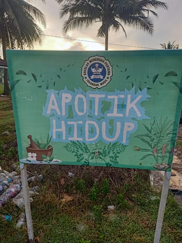 School banners and palm trees at an Indonesian campus