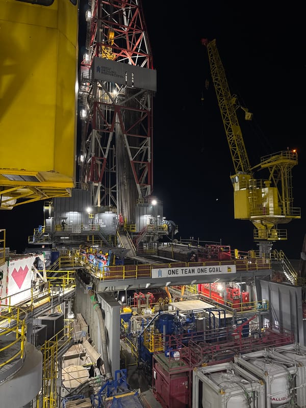 Nighttime scenes aboard an offshore oil rig off Italy