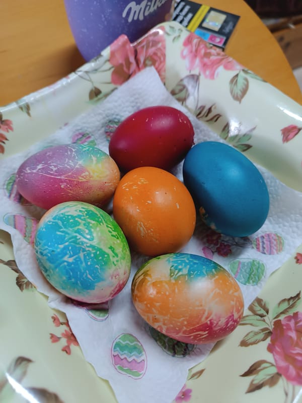 Easter eggs displayed on decorative tray in Bulgarian village
