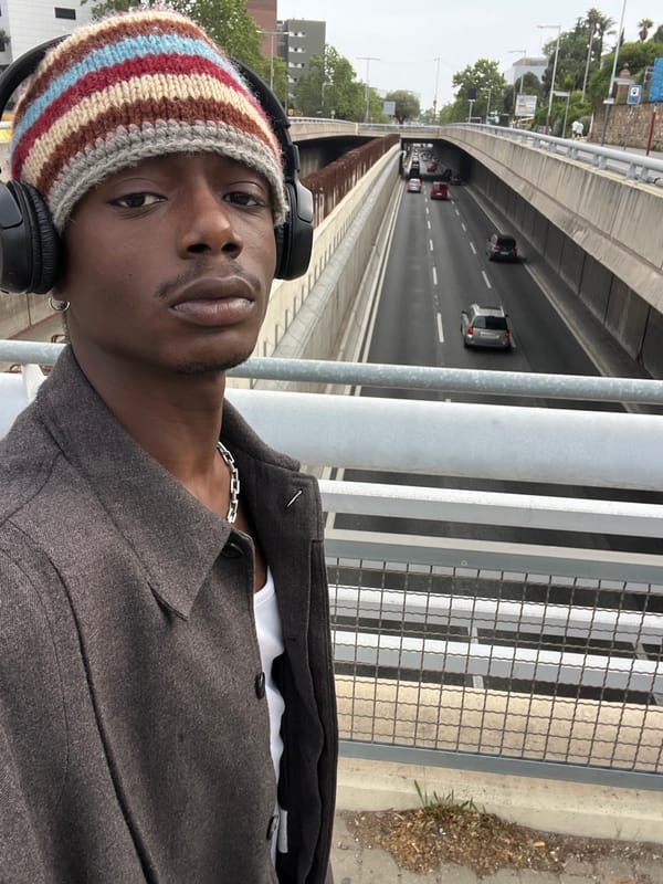 Person photographs selfies, cityscape from Barcelona overpass
