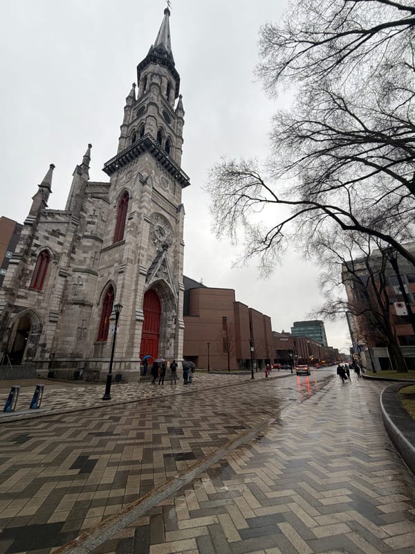 Montreal evening captures church exterior and transit station escalator