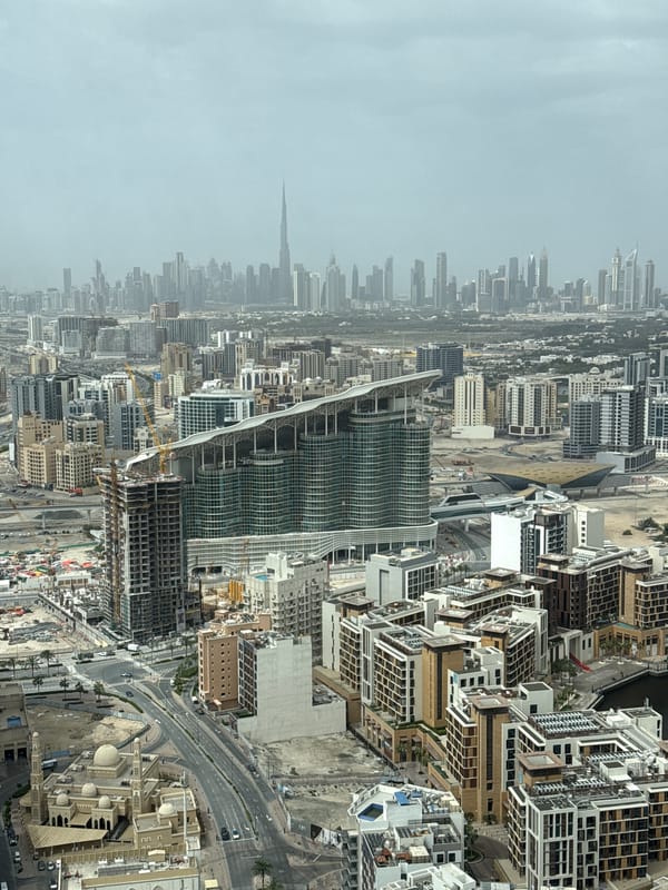 Aerial view captures dense urban skyline under hazy morning sky