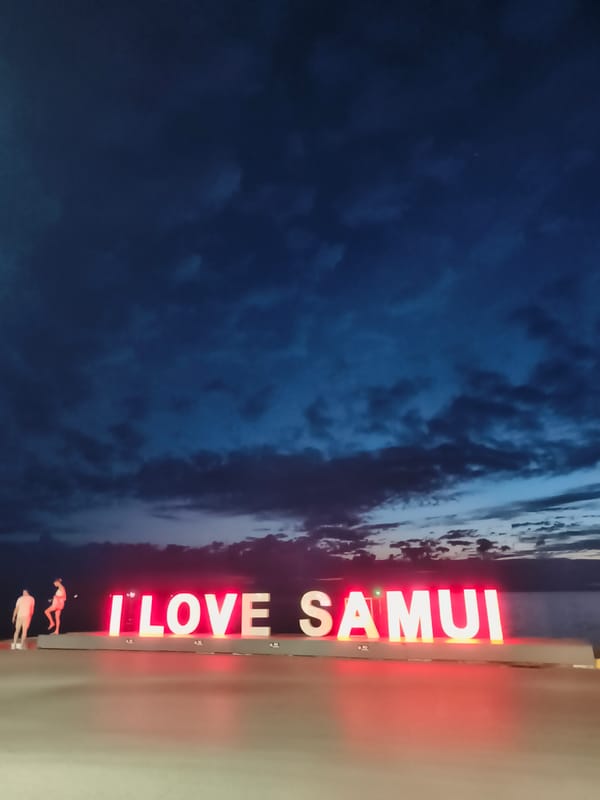 Tourists visit illuminated 'I Love Samui' sign in Nathon