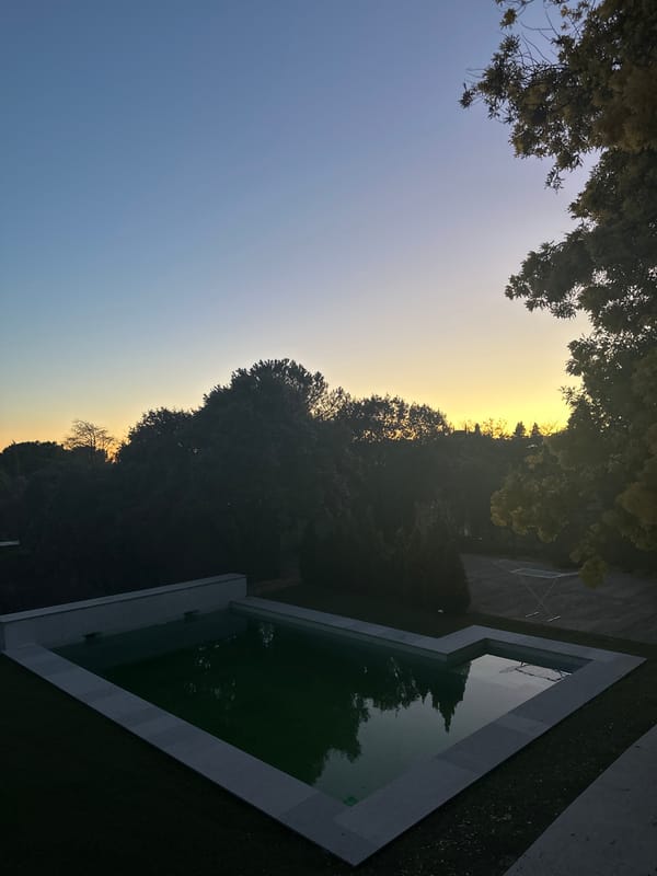 Evening pool reflections captured at dusk in Torrelodones garden