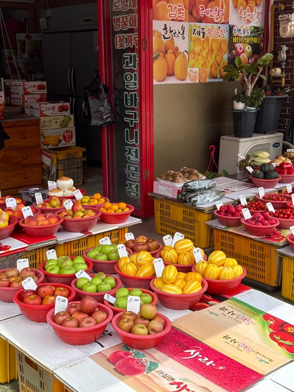 Fruit stands, flower shops, and street traffic in Jeju City