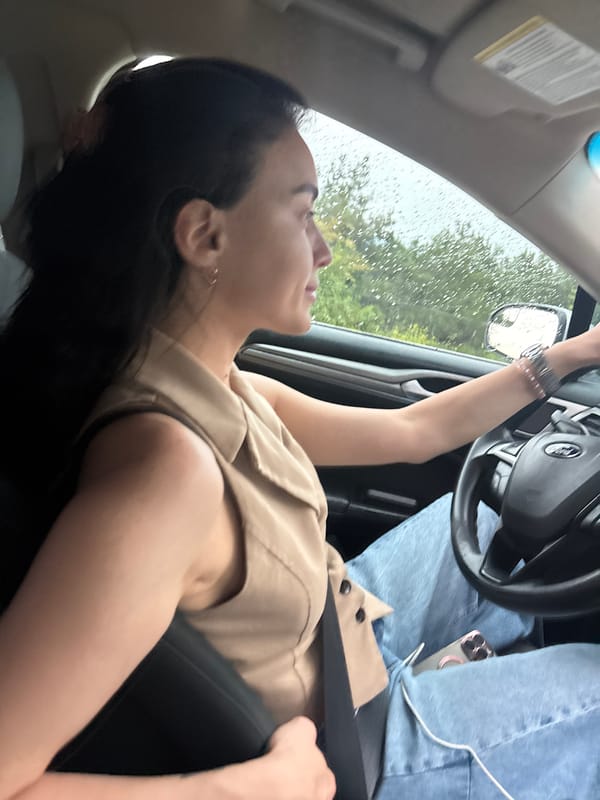 Woman drives through rainy Tbilisi on overcast afternoon