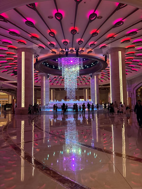 Ornate tiered fountain filmed in Macao luxury venue lobby