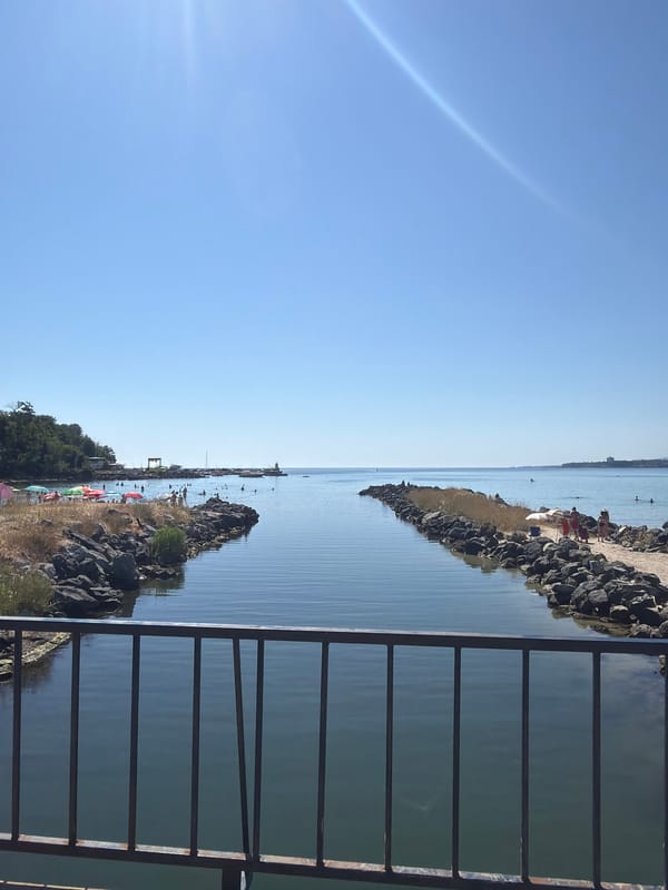 Sunny morning along the Primorsko waterfront and beach channel