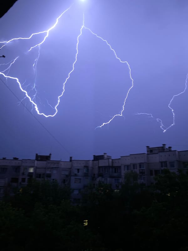 Lightning splits the sky over Pleven during a summer storm.
