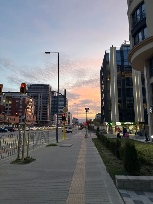 Evening sky colors observed over Sofia street at dusk